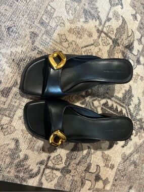 Rebecca Minkoff G Slide Sandal black Leather Slide Mules with Gold Buckle